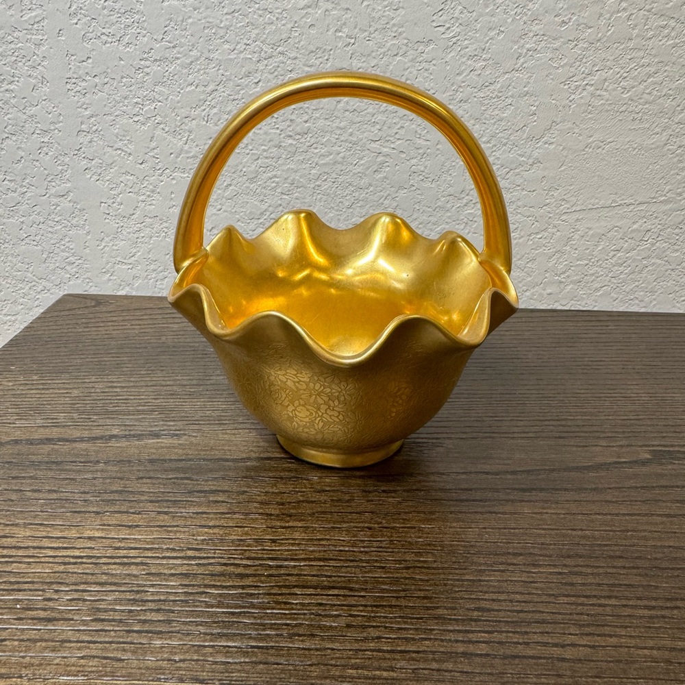 Vintage Pickard Porcelain All Over Gold Mini Basket with Rose and Daisy Pattern